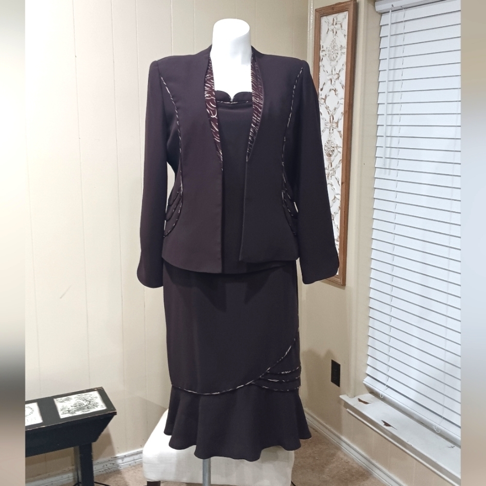 Night Studio Church Suit Chocolate Brown 3 Pc Skirt Suit Size 14 Piping Details